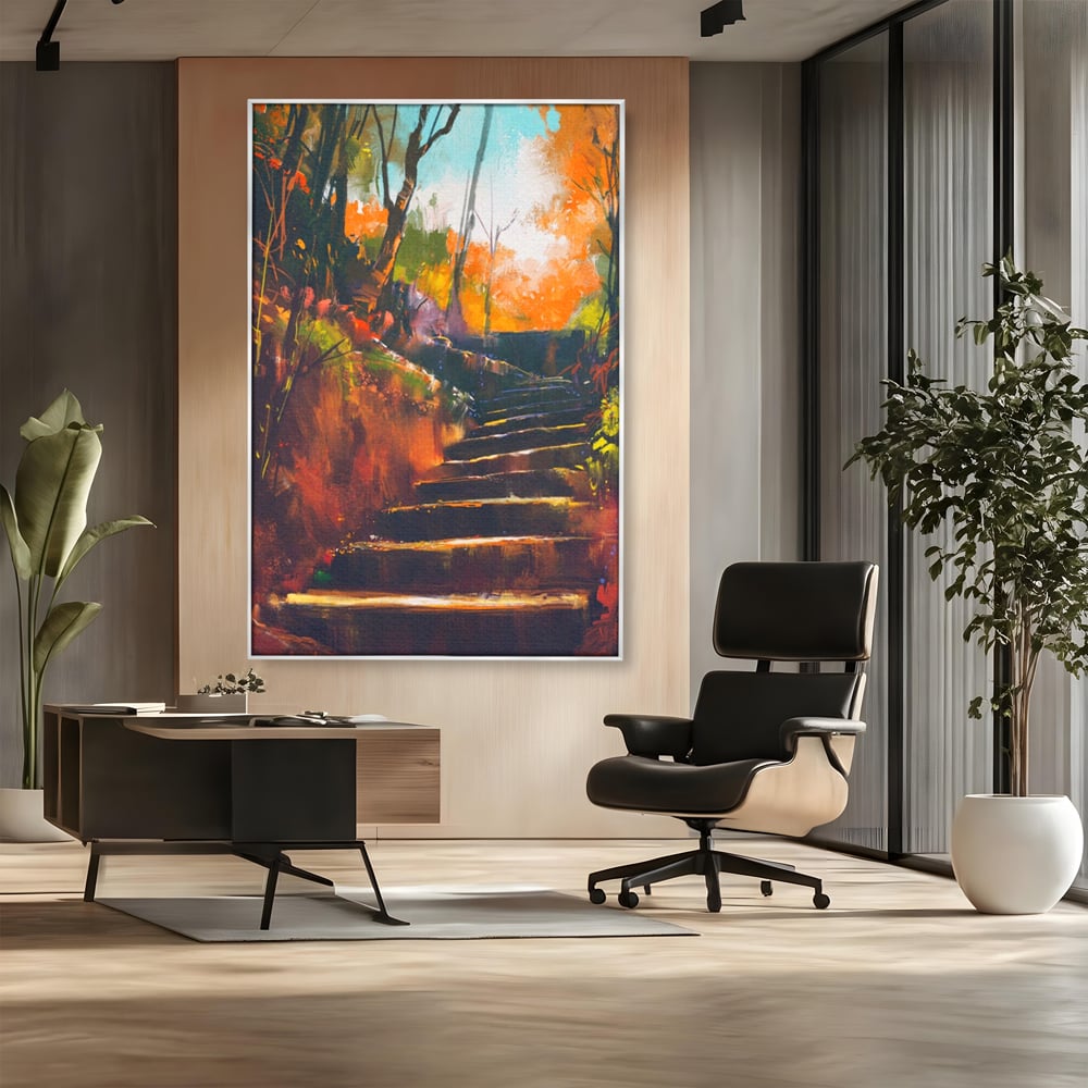 Tablou canvas cu tablou canvas cu scari de toamna, in rama de aluminiu argintiu, pe perete intr-un birou